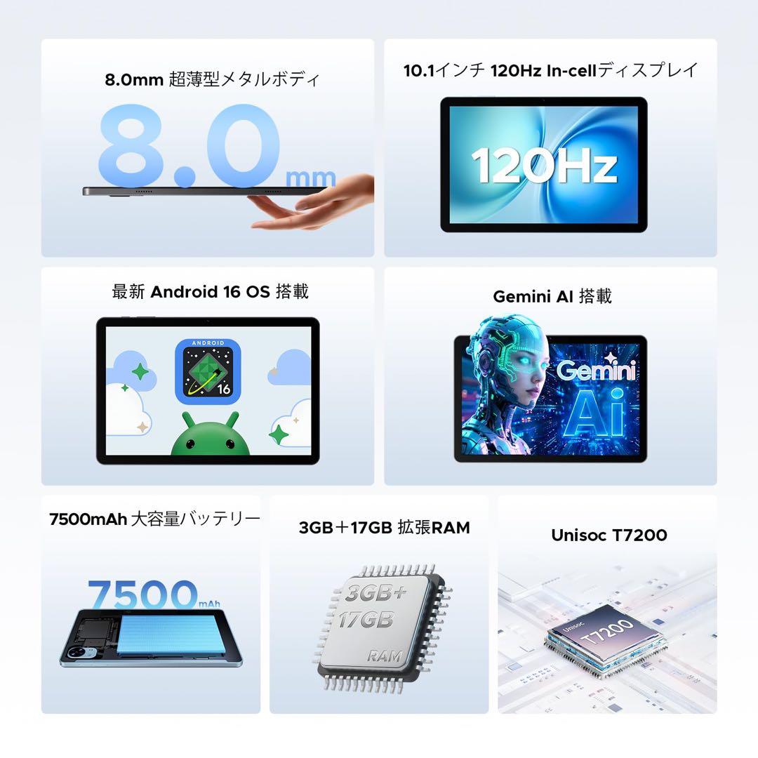 Android 16 タブレット SIMフリー 10インチ Gemini
