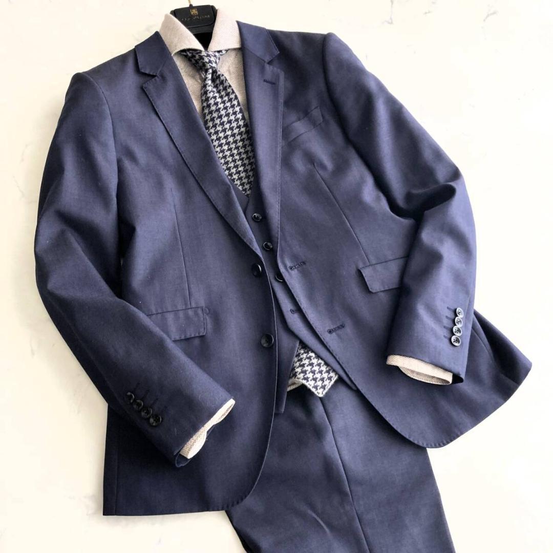 スリムＭ【美品】SUITSELECT スーツセレクト ネイビースリーピーススーツ