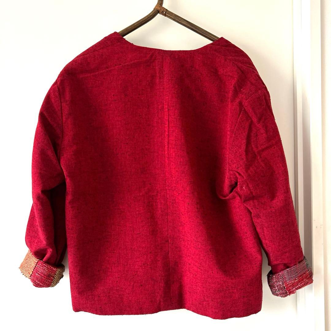 一点物　ハンドメイド　リバーシブル　久留米絣　手織り　ノーカラージャケット