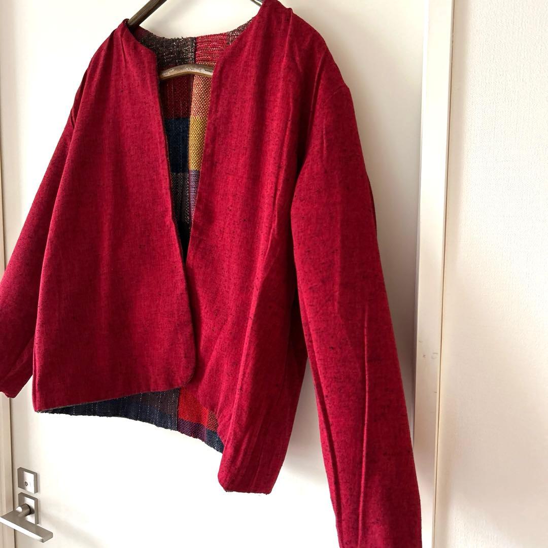 一点物　ハンドメイド　リバーシブル　久留米絣　手織り　ノーカラージャケット