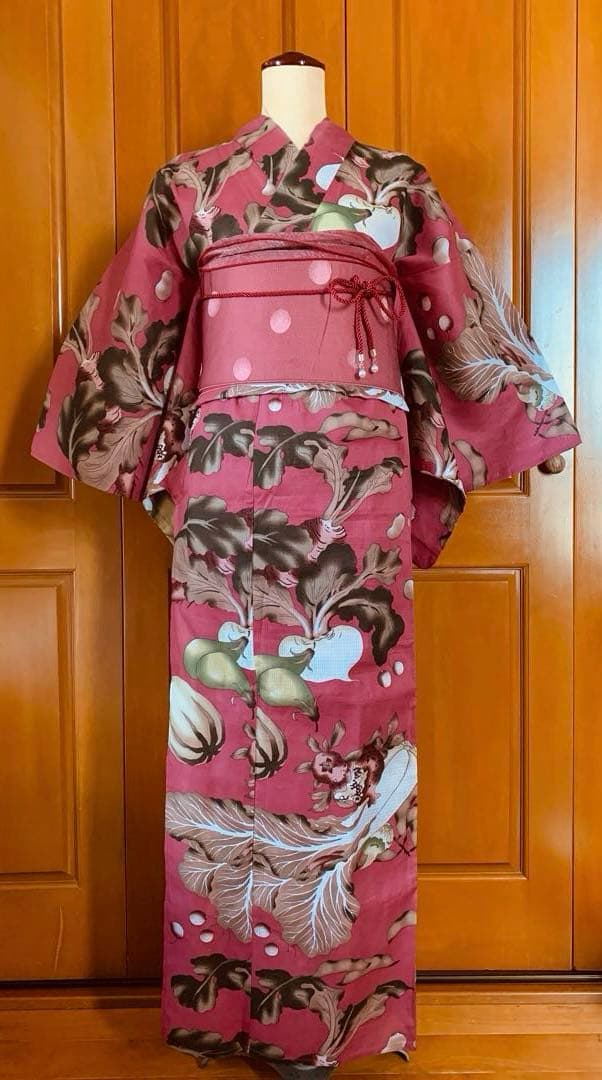 京都きもの町　浅蘇芳色野菜の浴衣と源氏物語のリバーシブル半幅帯と兵児帯と帯締め