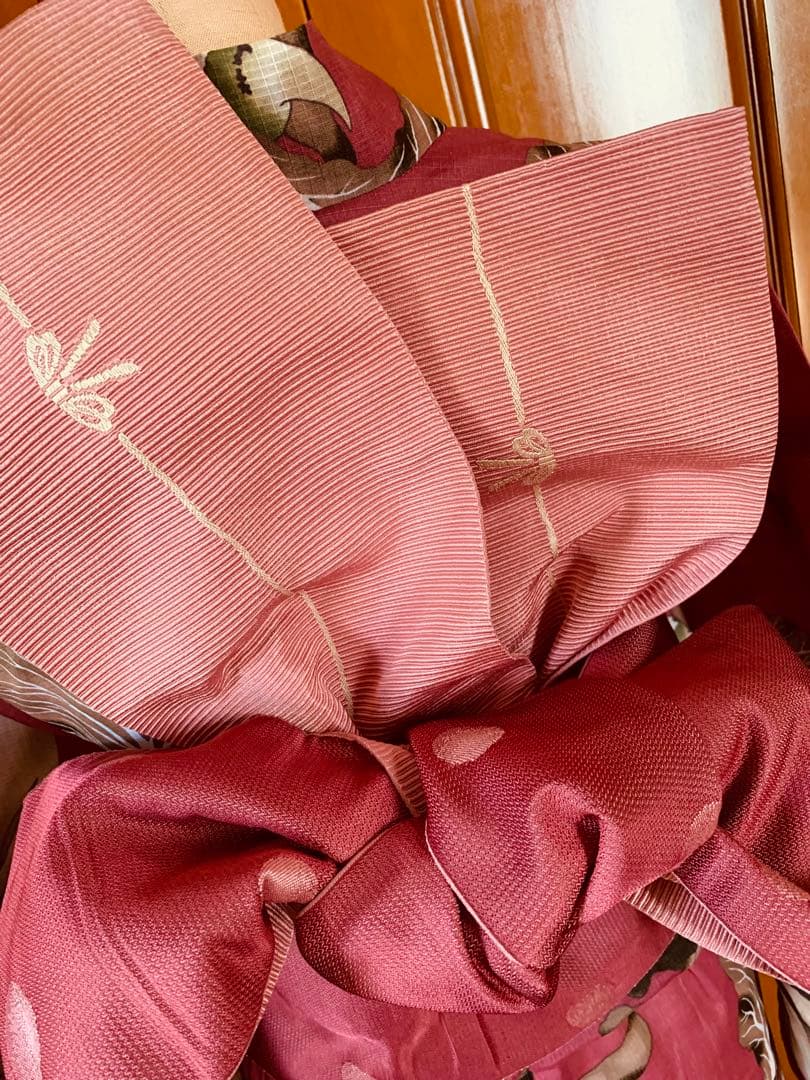 京都きもの町　浅蘇芳色野菜の浴衣と源氏物語のリバーシブル半幅帯と兵児帯と帯締め