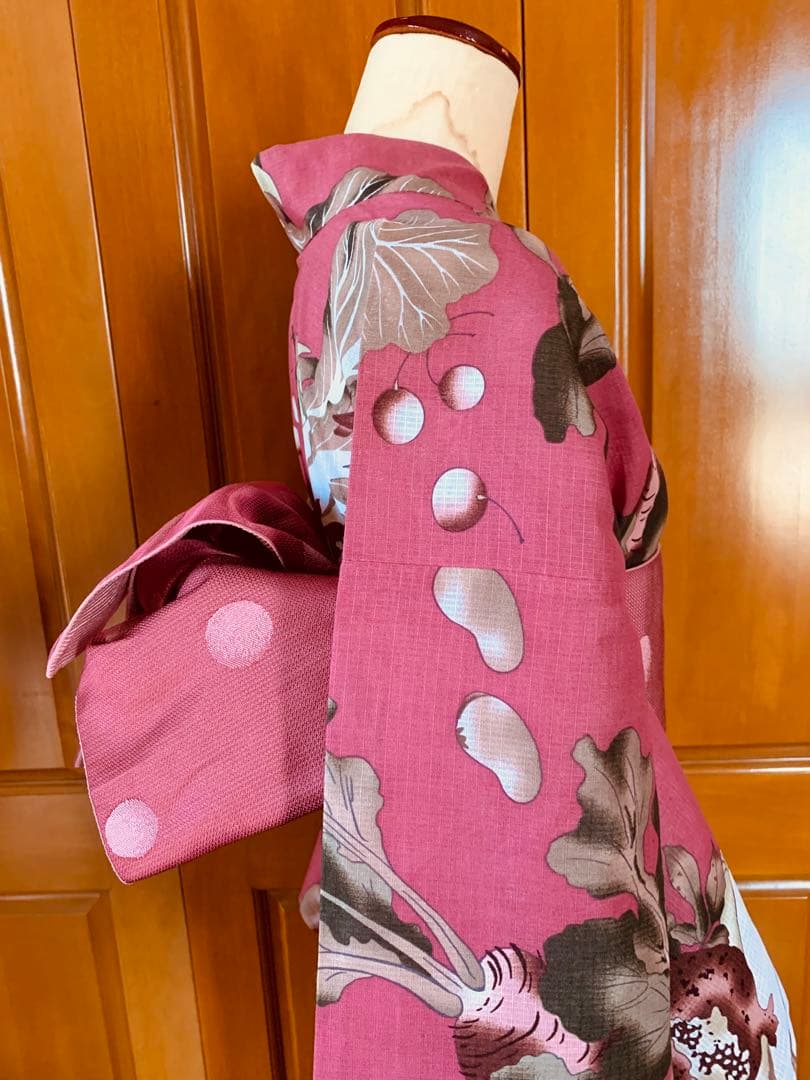 京都きもの町　浅蘇芳色野菜の浴衣と源氏物語のリバーシブル半幅帯と兵児帯と帯締め