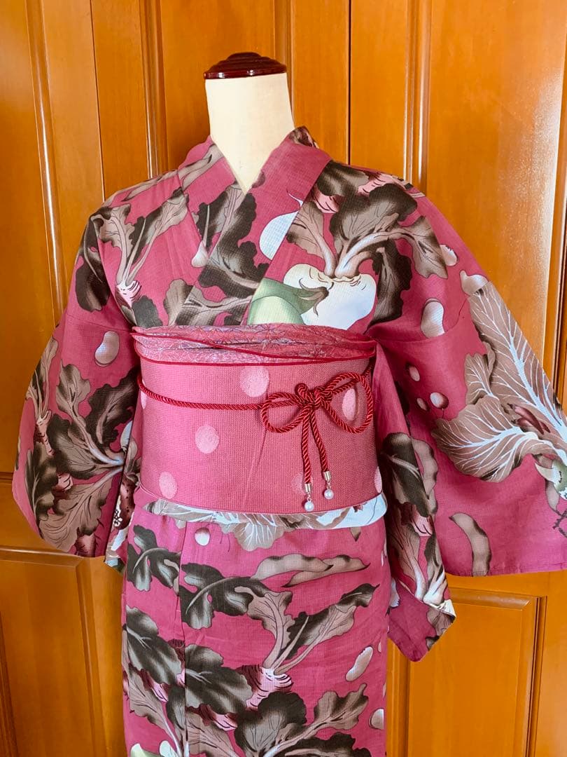 京都きもの町　浅蘇芳色野菜の浴衣と源氏物語のリバーシブル半幅帯と兵児帯と帯締め