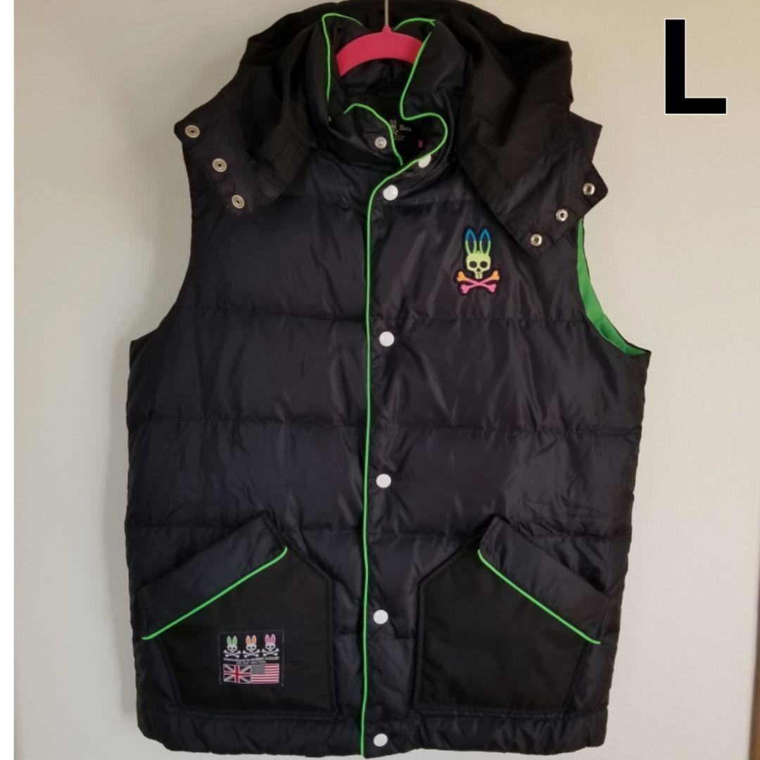 美品サイコバニーPsycho Bunnyネオンパイピング ダウンベスト　L