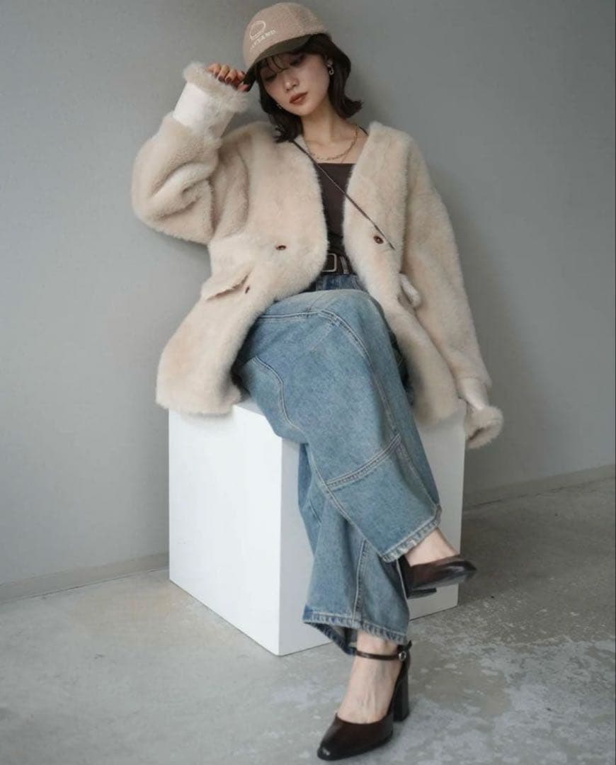 エコファーノーカラーコート/ベージュ　lumier同型