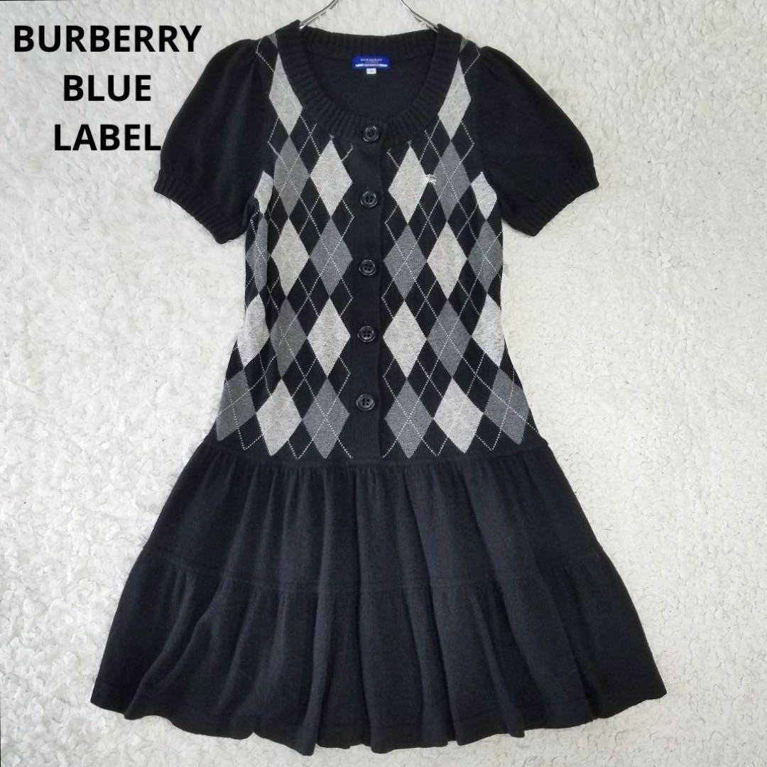 美品✨バーバリーブルーレーベル カシミヤ混ニットワンピース アーガイル柄 M