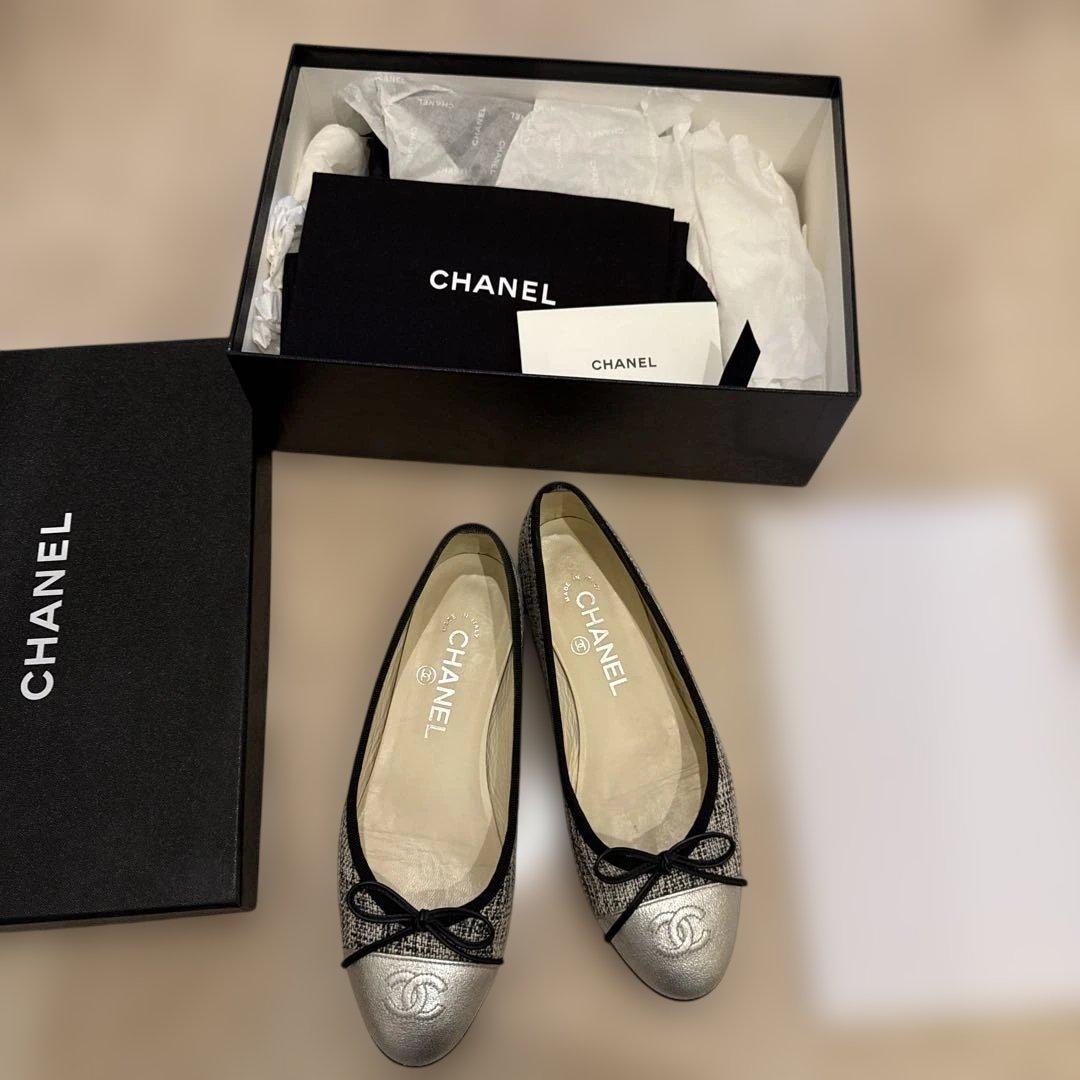 シャネル 秋冬物バレエ23.5cmブラック×シルバーツイード