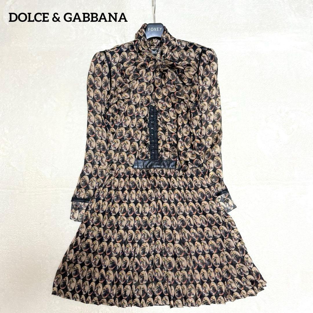 美品 ドルチェアンドガッバーナ ボウタイ シルク ワンピース ラムレザー 総柄