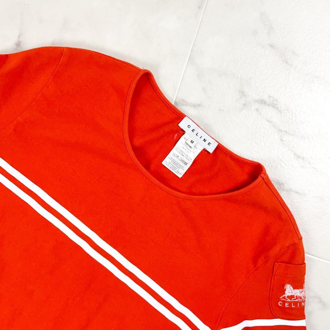 セリーヌ 90s~00s vintage ライン 半袖Tシャツ 橙M*JD335