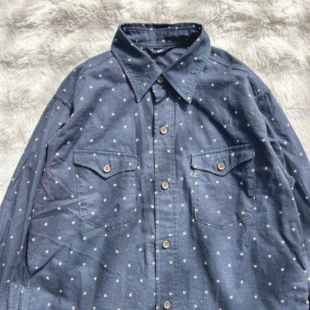45R★総柄　インディゴ染　シャツ　ブラウス　コットン　藍色