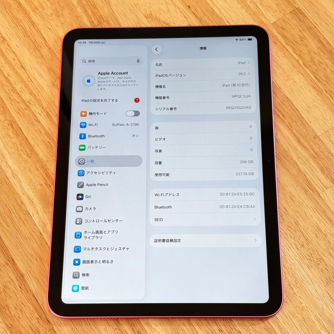 iPad 第10世代 256GB Wi-Fiモデル バッテリー最大量98%