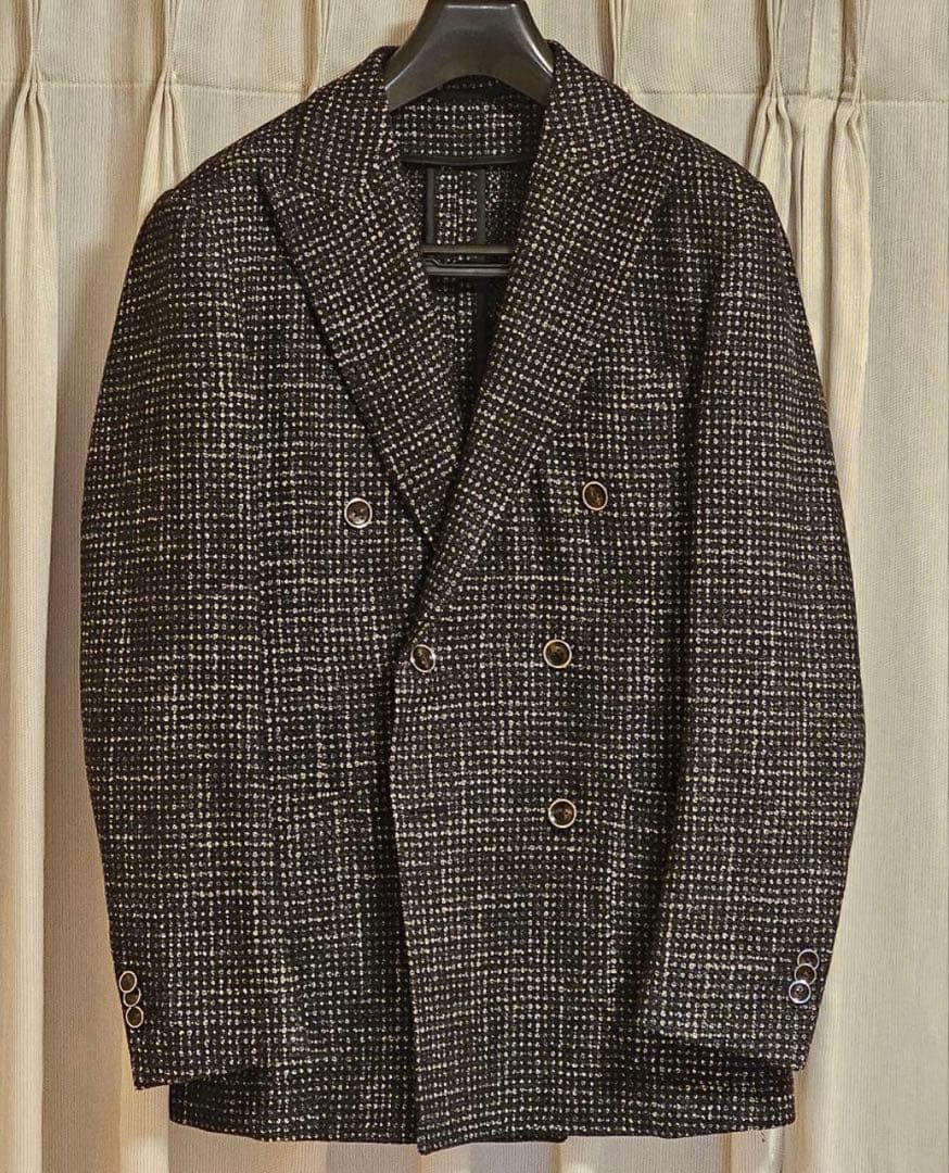 【美品】canonico tweedダブルブレストジャケット 濃紺×グレー