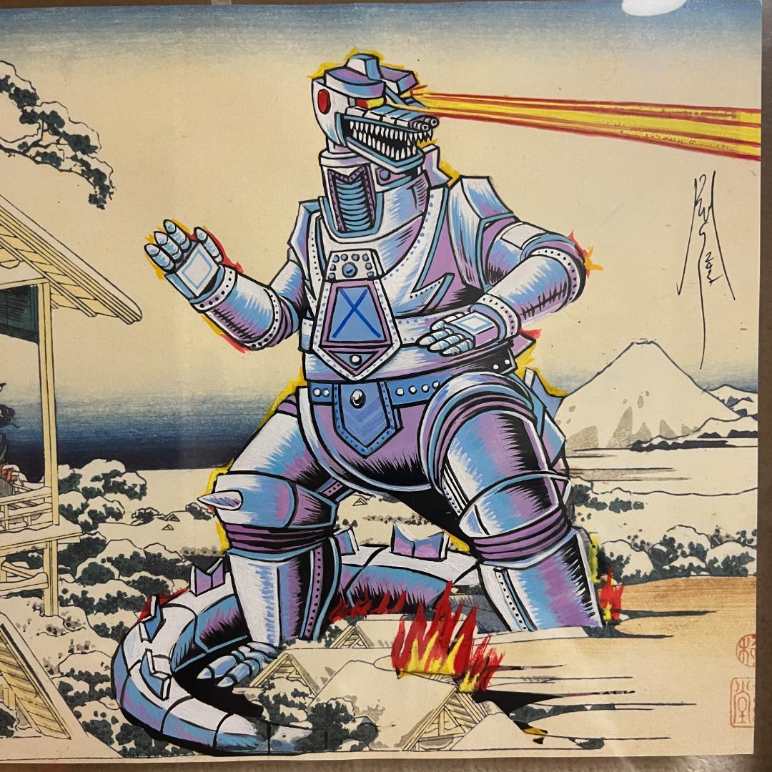 富士山を背景にしたメカゴジラのアート