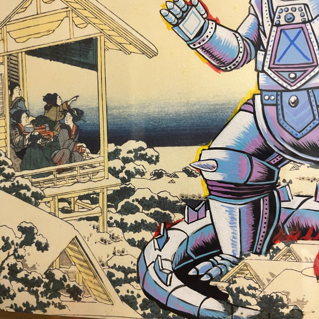 富士山を背景にしたメカゴジラのアート