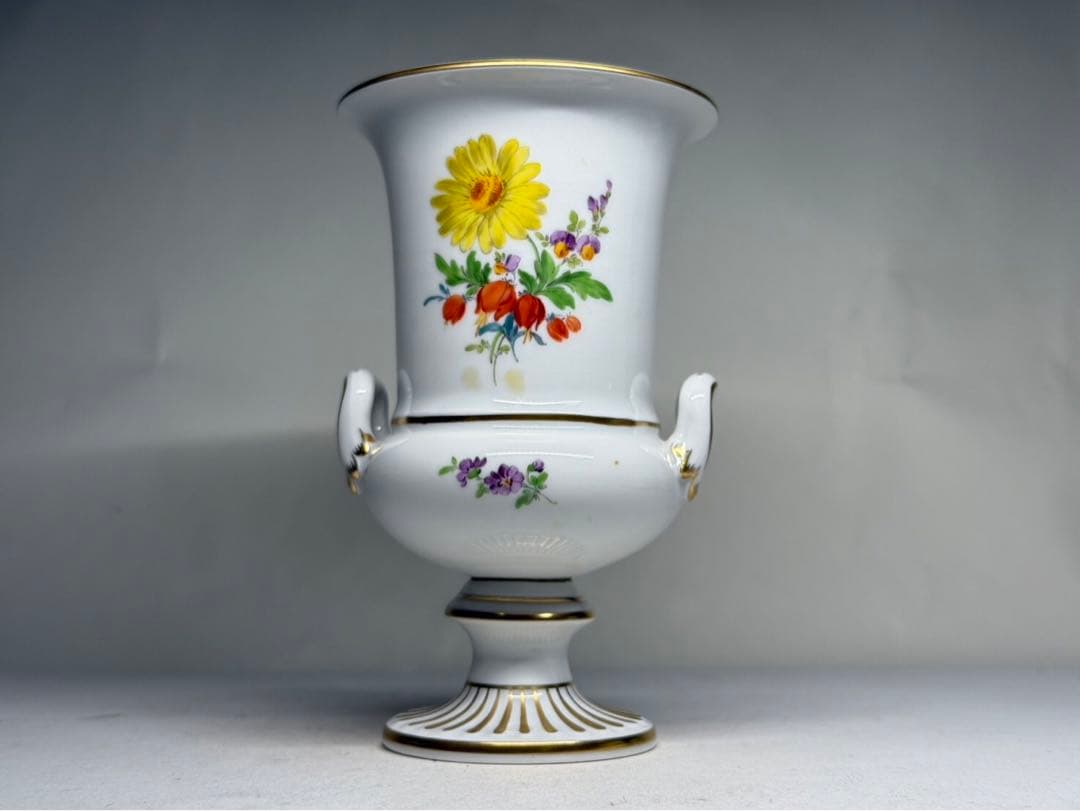 マイセン 金彩花紋様 白地 装飾花瓶 両持ち取手 フラワーベース