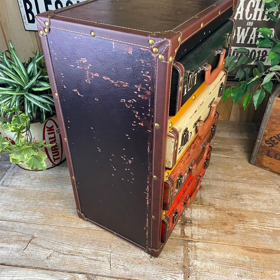 訳あり品！【108】アンティークビンテージ調レザートランクチェスト四段タンス収納