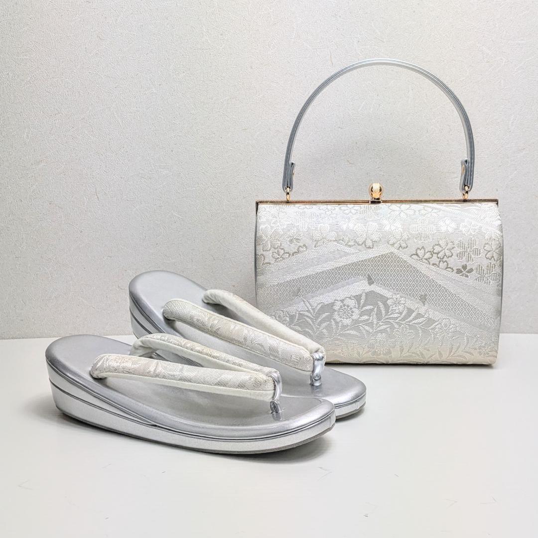 草履バッグセット フォーマル 帯地 シルバー S〜3Lサイズ u777