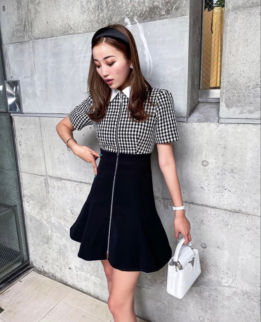 【sheller シェリエ】フロントZIPチェックツイードドレス