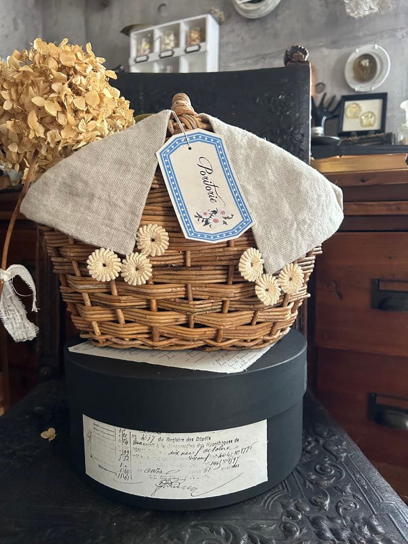 poritorie マーガレット刺繍 リネンカバー かご バスケット