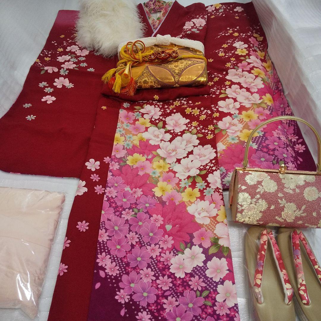 みみ 赤ピンク正絹振袖6点セット袋帯帯締め帯揚げ半襟重ね襟成人式卒業式等