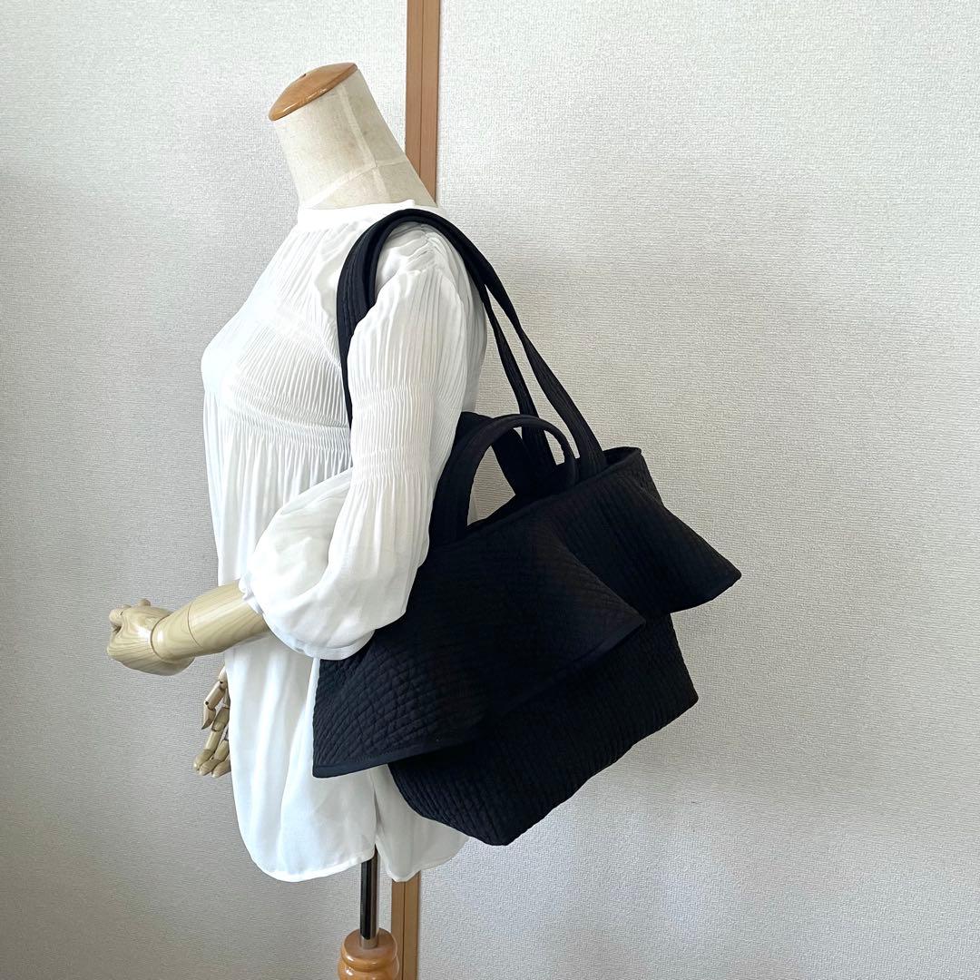 フレアフリル付きトートバッグ（L）　2way 　BK　ヌビバッグ　ハンドメイド