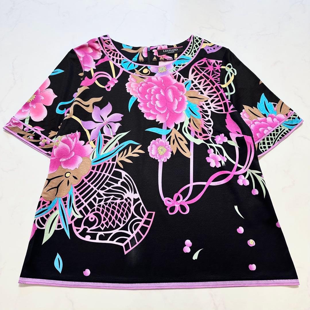希少 XL✨LEONARD カットソー トリム 総柄 花柄 LL 黒 ピンク