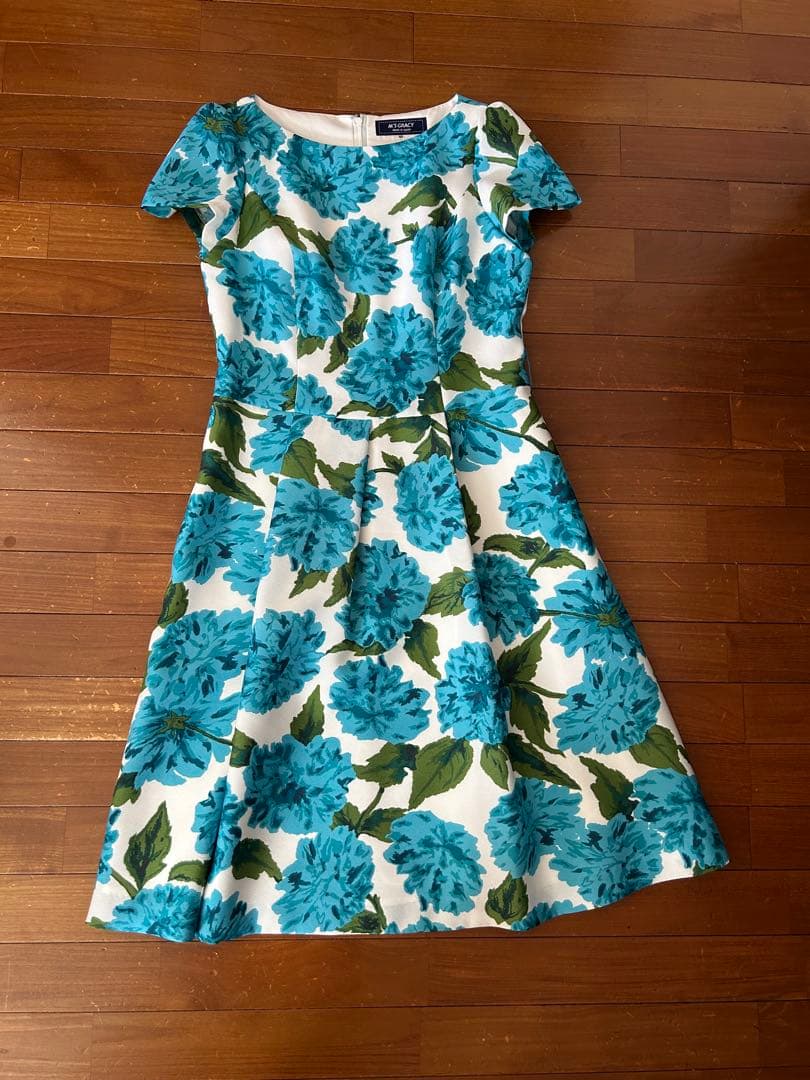 MS GRACY 青い花柄 半袖ワンピース
