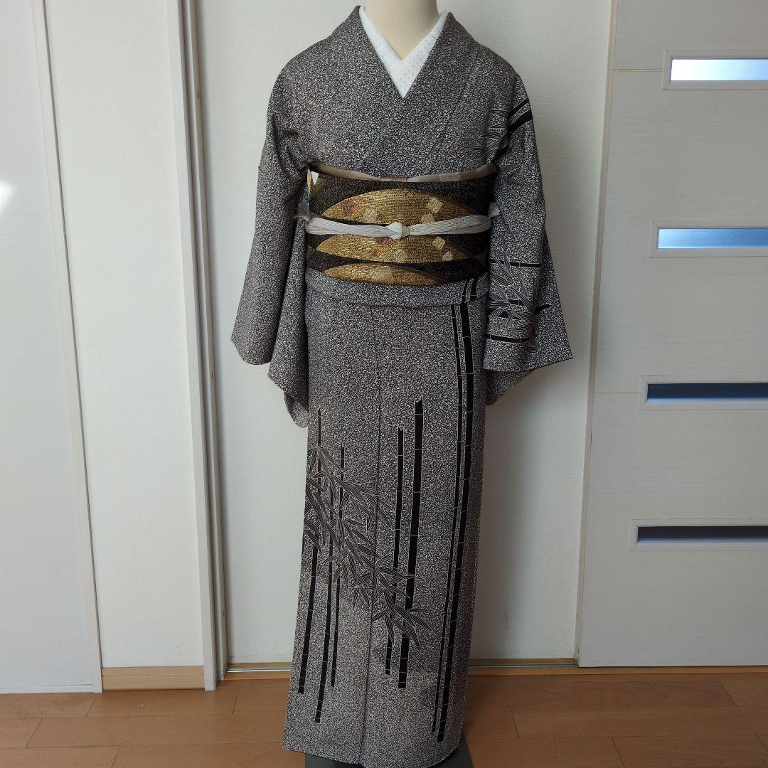 訪問着 グレー系 竹笹模様　袋帯セット