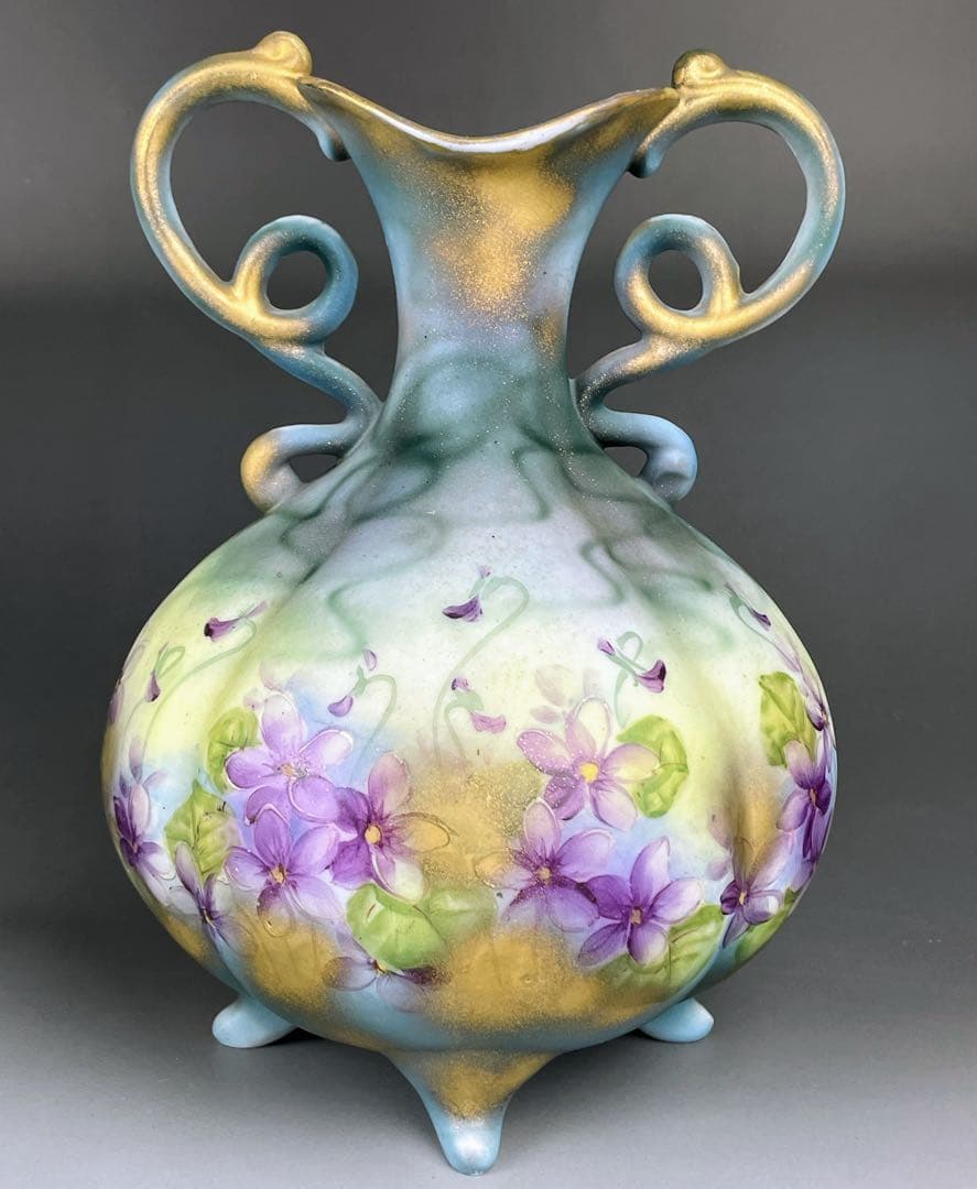 【希少】オールドノリタケ 焼き付け金彩 スミレ紋 花瓶 金釉の霧吹き 金彩ミスト