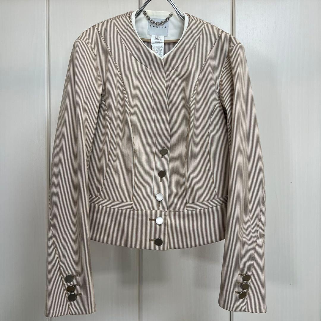 CELINE レイヤードデザイン ストライプノーカラージャケット 40