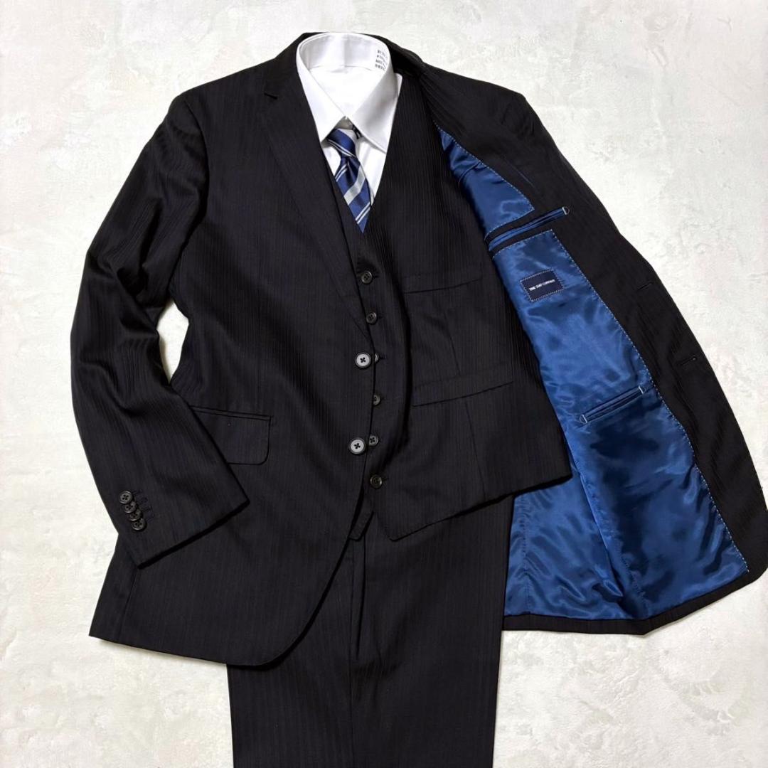 ザスーツカンパニー スリーピーススーツ ストライプ センターベント 裏地派手 黒