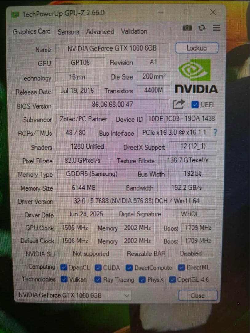 【動作確認済】ZOTAC GTX 1060 6GB