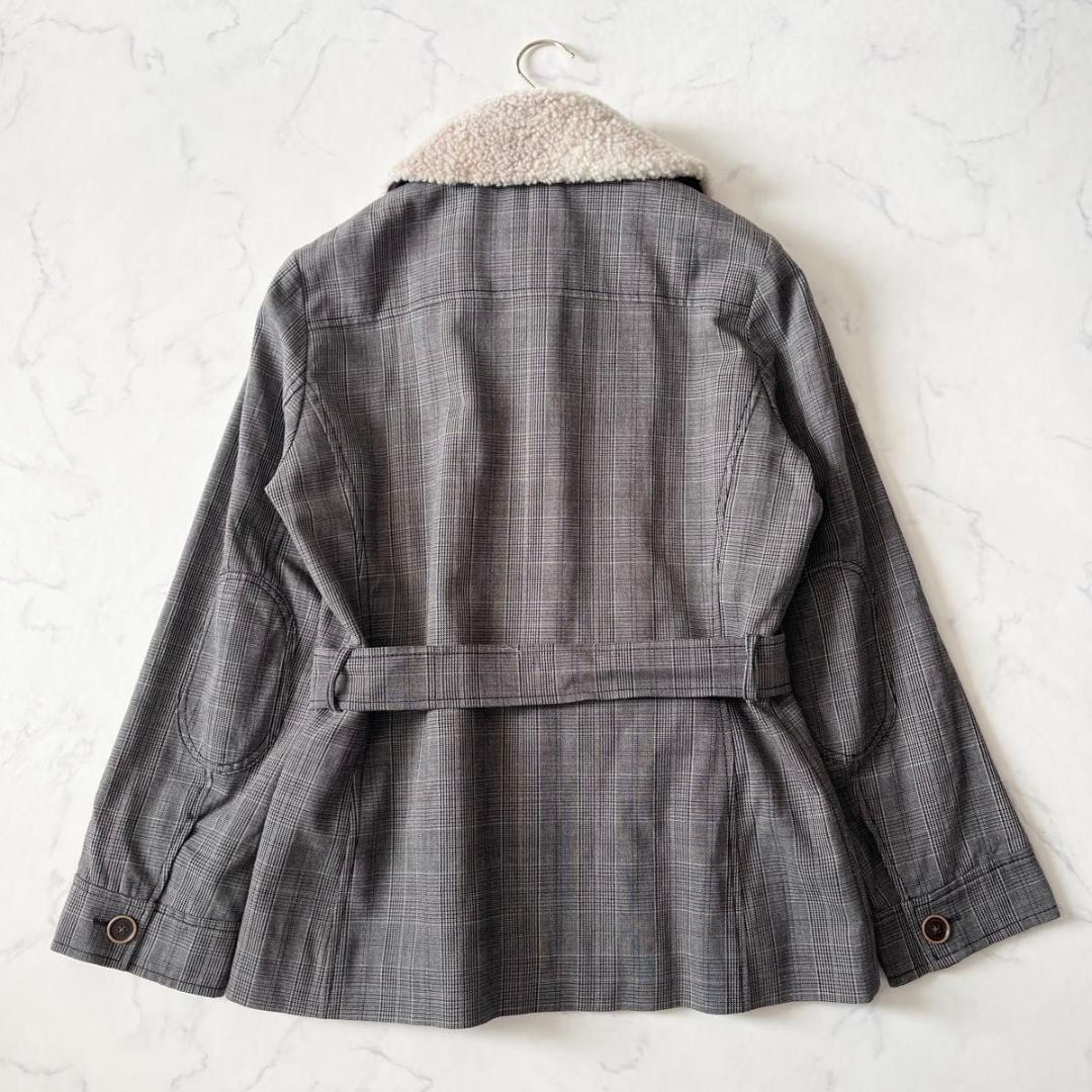 マックスマーラ チェック柄 ボアファー付 ベルト付 ジャケット 灰 XL