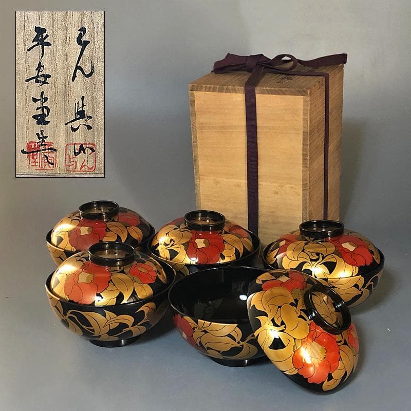 ◆506◆椿蒔絵　仙才吸物椀　木製漆器 平安堂 造 己ん典 作　五客 懐石
