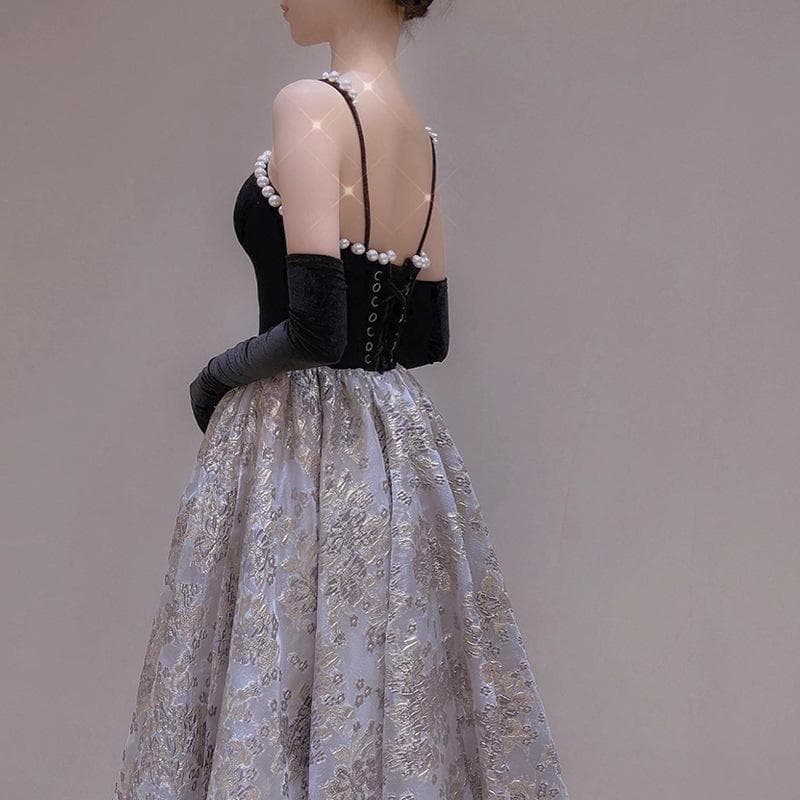 イヴニングドレス　ロングドレス　パーティードレス　パール　刺繡　サイズS