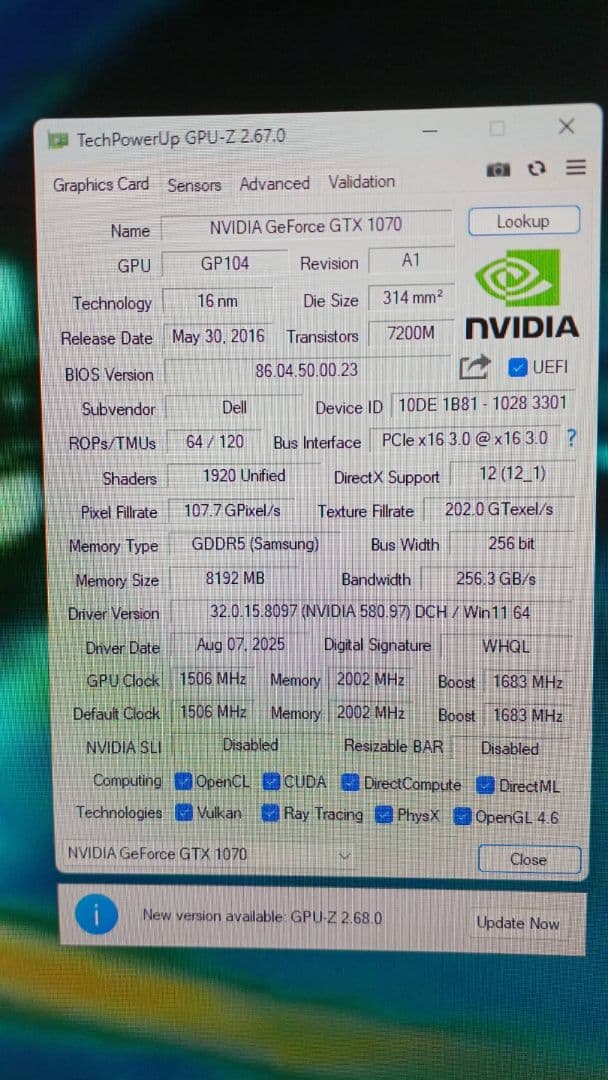 J*C様 DELL GeForce GTX 1070 8G 訳アリ動作品