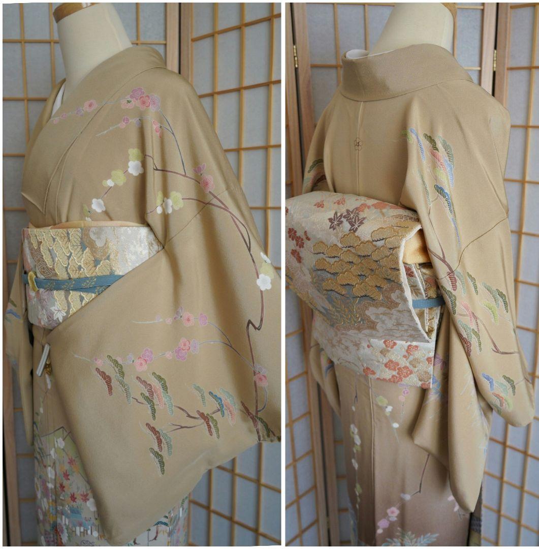 薄茶色に古典柄訪問着コーディネートフルセット 正絹 袷 七五三や入学式卒業式など