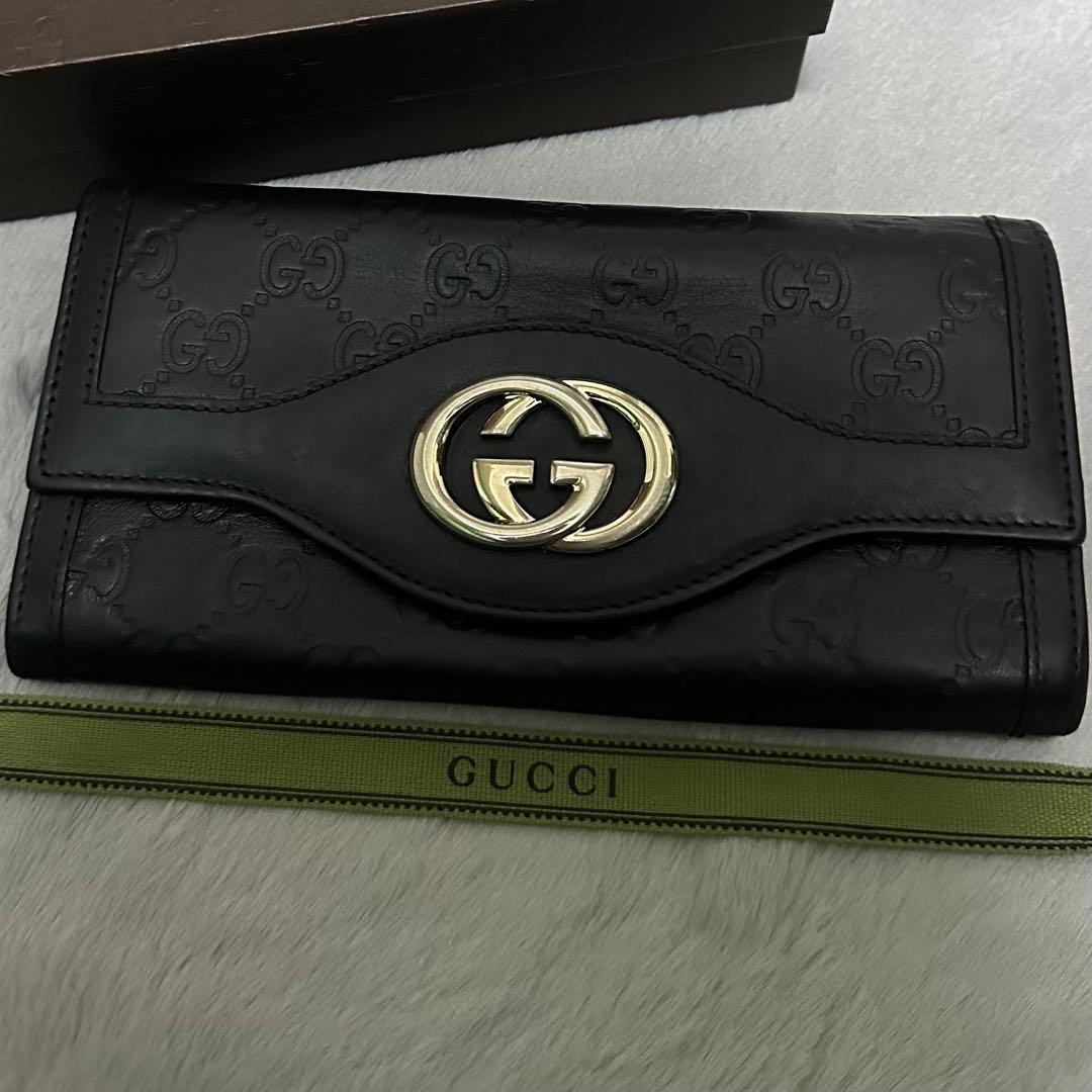 GUCCI グッチ　長財布　インターロッキング　GG グッチシマ　ブラック