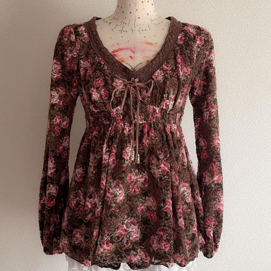 00s 希少 LIZLISA パワネ総レースブラウンローズチュニック 姫カジ