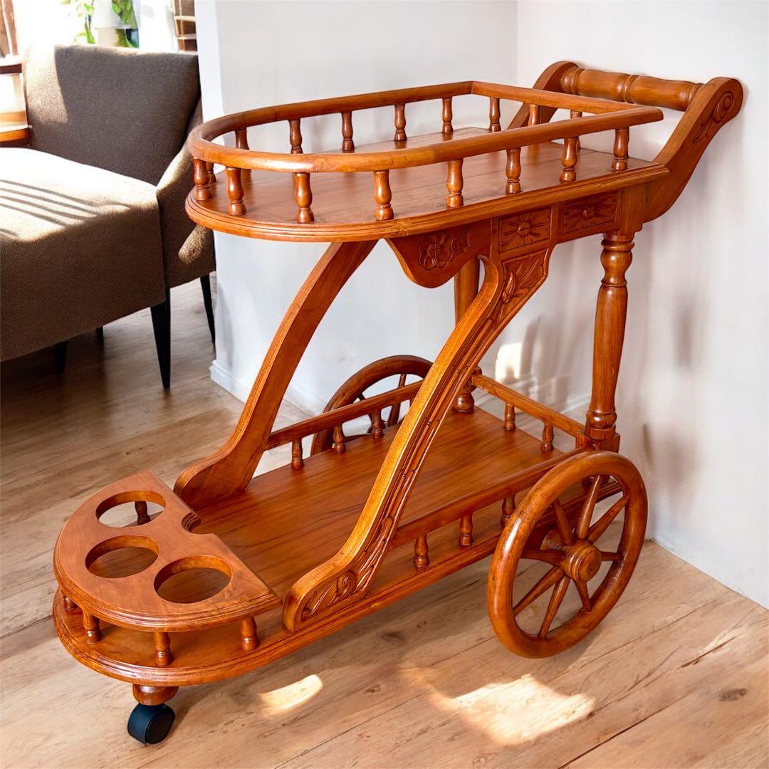 希少✨木製 アンティーク キッチンワゴン ワインホルダー レトロ 木彫装飾