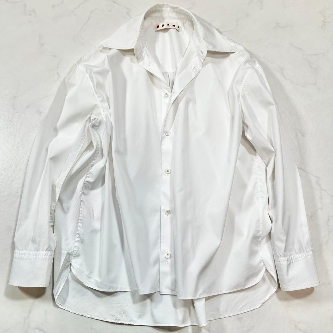 MARNI 2024年製 バックタック ギャザーコットンシャツ 前後ヘム 白38