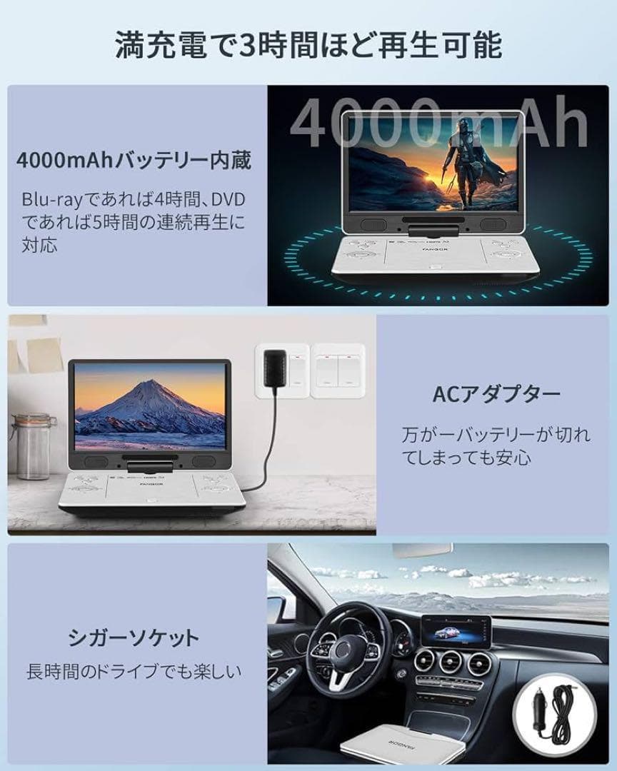 ポータブルブルーレイプレーヤー HDMI対応 高精細11.4インチバッテリー内蔵