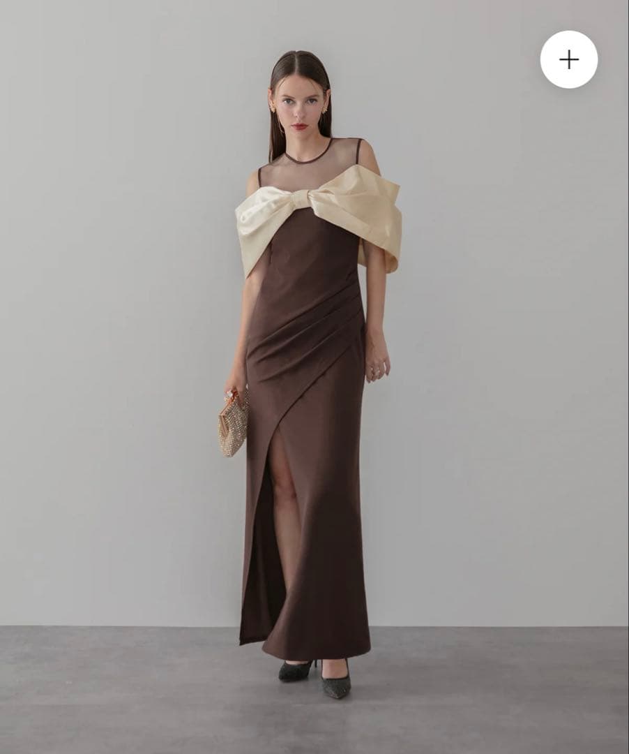 LEJA LUXEブラウンオフショルダーパーティードレス