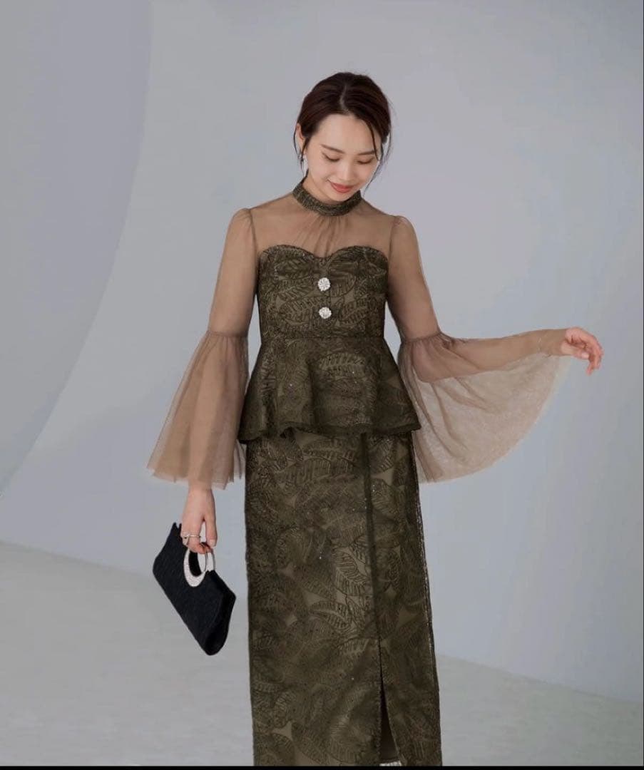 LEJA スパンコールビジューボタンセットアップワンピースドレス GREEN M