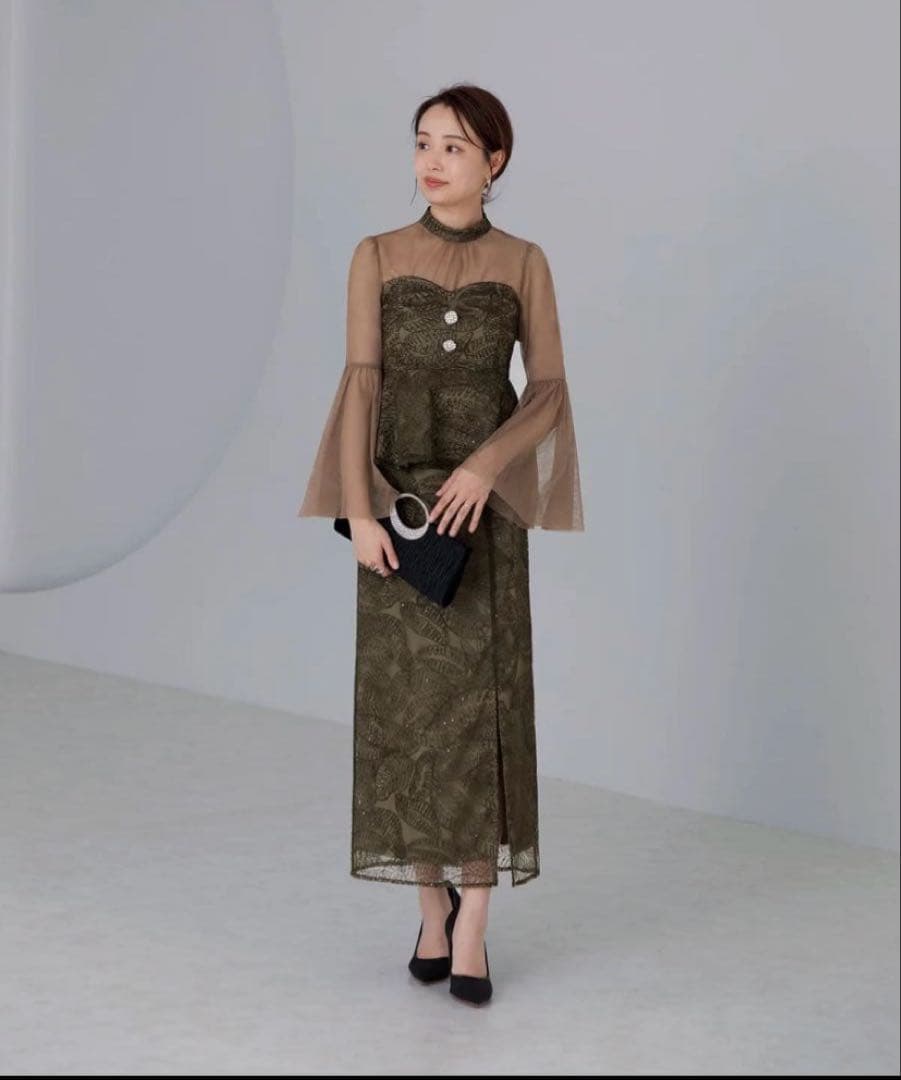 LEJA スパンコールビジューボタンセットアップワンピースドレス GREEN M