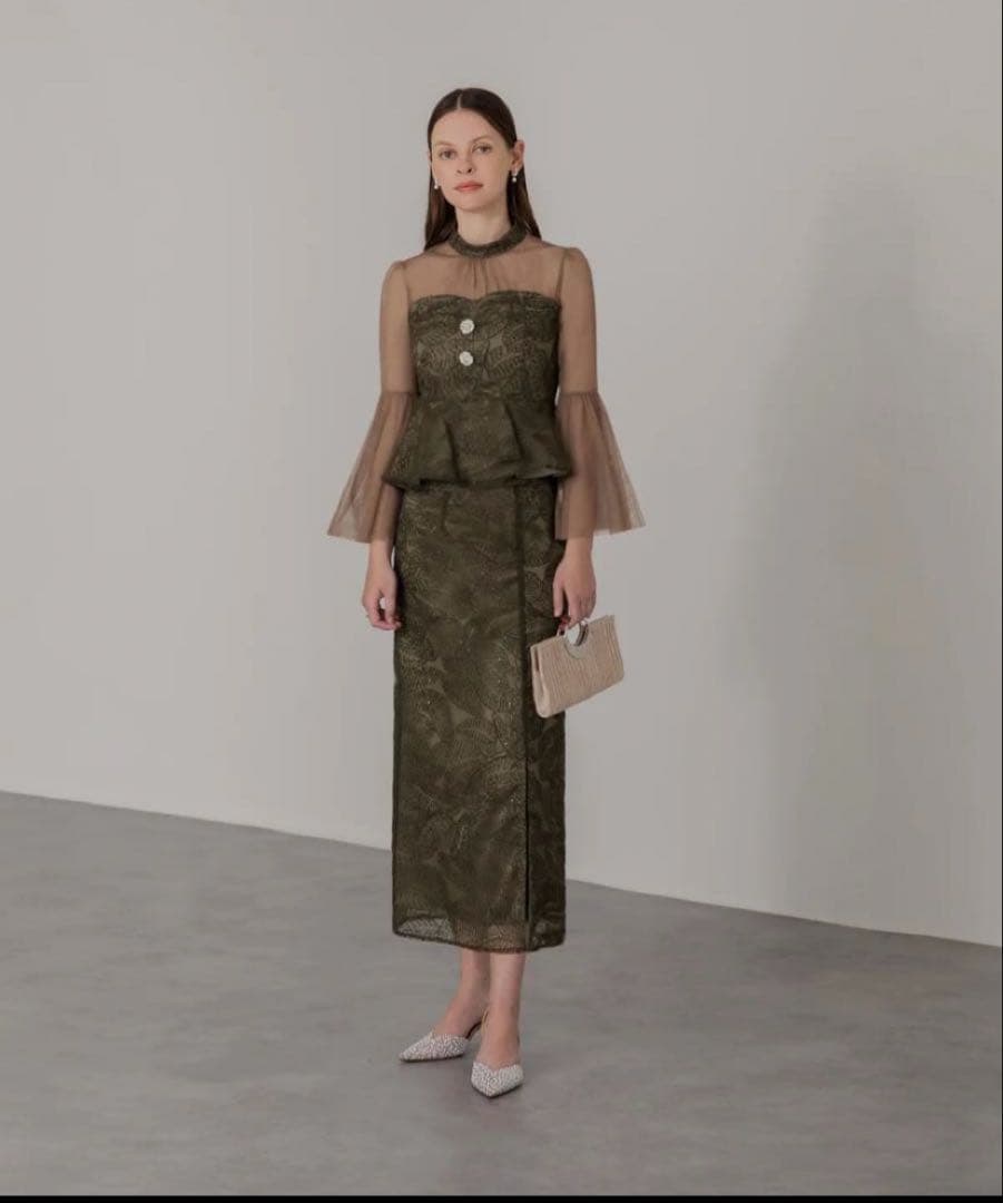 LEJA スパンコールビジューボタンセットアップワンピースドレス GREEN M