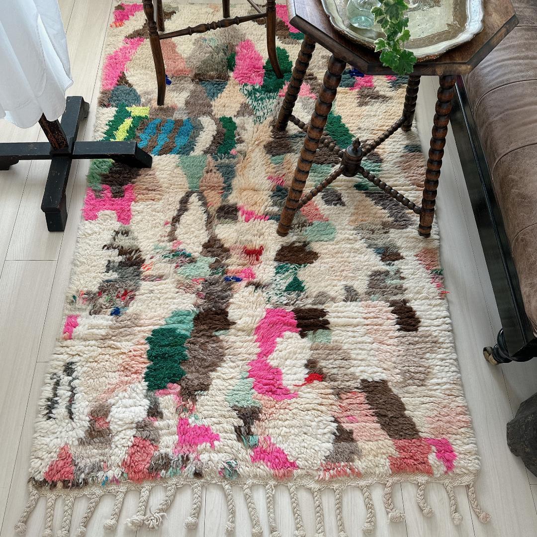 モロッコ製ヴィンテージラグ146 レア ピンク ミントグリーン ブルー