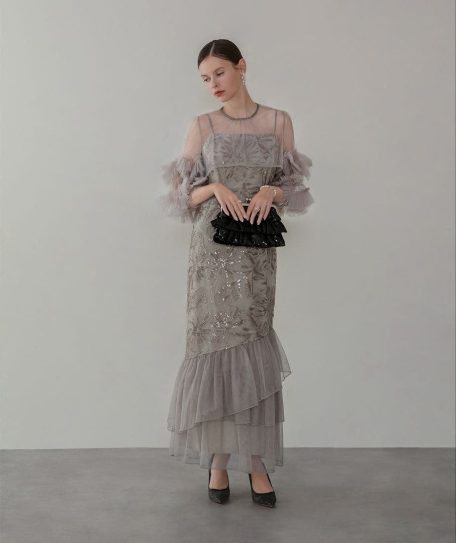 フラワースパンコールチュールフリルスリーブIラインワンピースドレス Leja