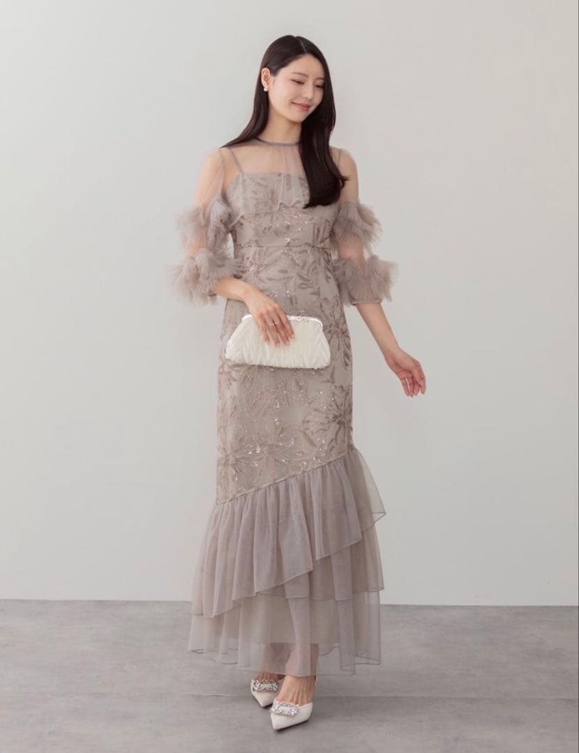 フラワースパンコールチュールフリルスリーブIラインワンピースドレス Leja